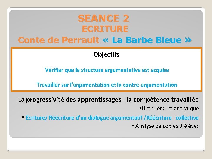 SEANCE 2 ECRITURE Conte de Perrault « La Barbe Bleue » Objectifs Vérifier que