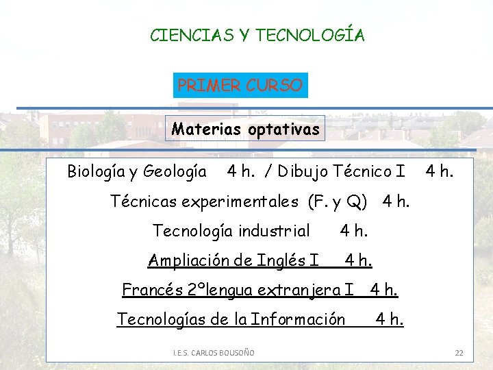 CIENCIAS Y TECNOLOGÍA PRIMER CURSO Materias optativas Biología y Geología 4 h. / Dibujo