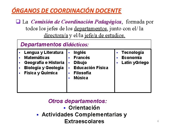 ÓRGANOS DE COORDINACIÓN DOCENTE q La Comisión de Coordinación Pedagógica, formada por todos los