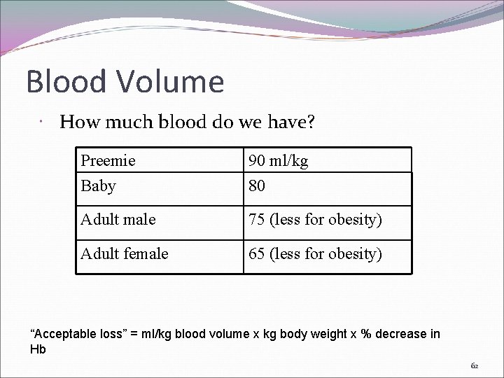 Blood Volume How much blood do we have? Preemie Baby 90 ml/kg 80 Adult