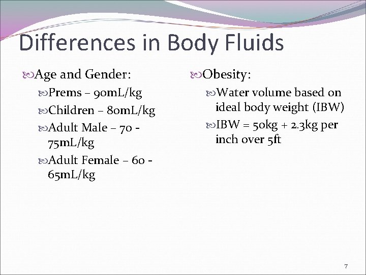 Differences in Body Fluids Age and Gender: Prems – 90 m. L/kg Children –