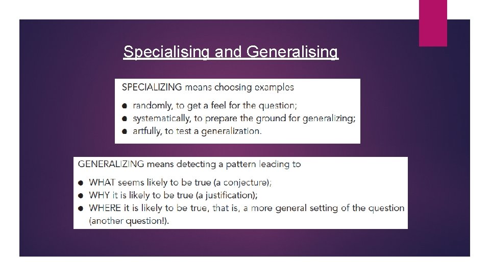 Specialising and Generalising 