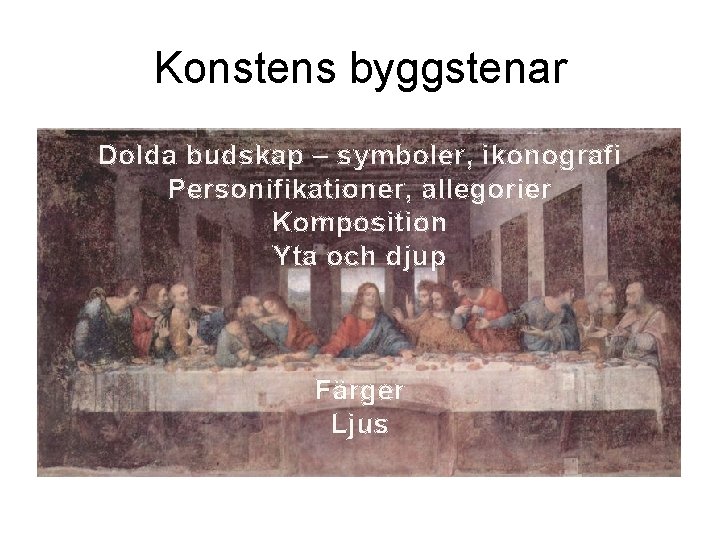 Konstens byggstenar Dolda budskap – symboler, ikonografi Personifikationer, allegorier Komposition Yta och djup Färger