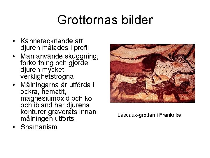 Grottornas bilder • Kännetecknande att djuren målades i profil • Man använde skuggning, förkortning
