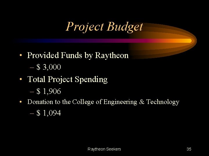 Project Budget • Provided Funds by Raytheon – $ 3, 000 • Total Project