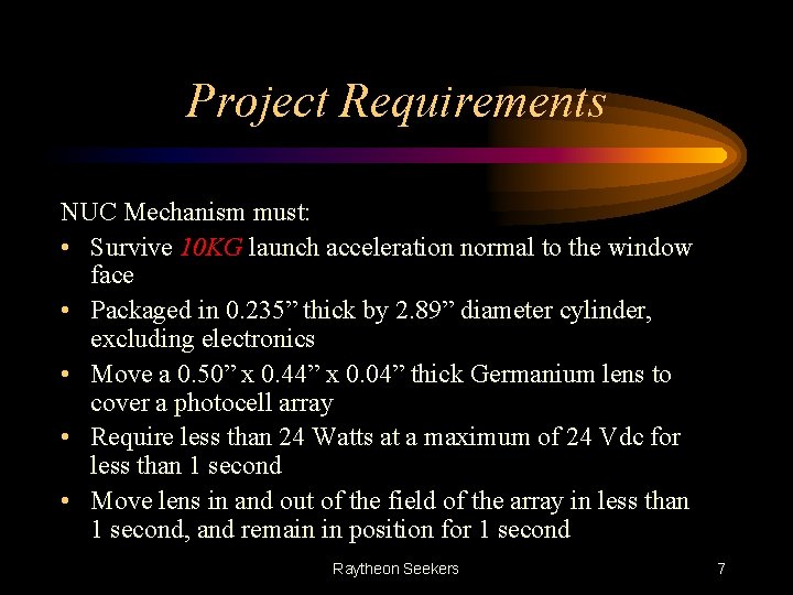 Project Requirements NUC Mechanism must: • Survive 10 KG launch acceleration normal to the