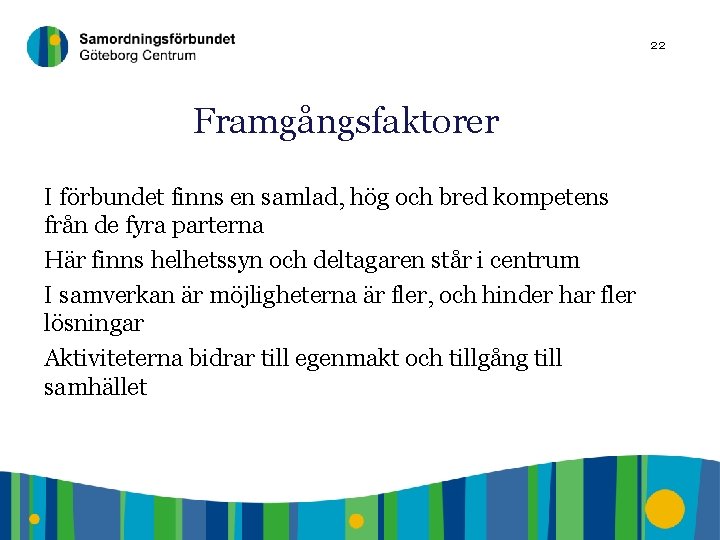 22 Framgångsfaktorer I förbundet finns en samlad, hög och bred kompetens från de fyra