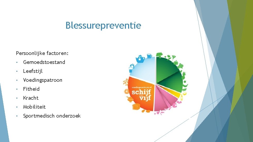 Blessurepreventie Persoonlijke factoren: • Gemoedstoestand • Leefstijl • Voedingspatroon • Fitheid • Kracht • Blessurepreventie Persoonlijke factoren: • Gemoedstoestand • Leefstijl • Voedingspatroon • Fitheid • Kracht •