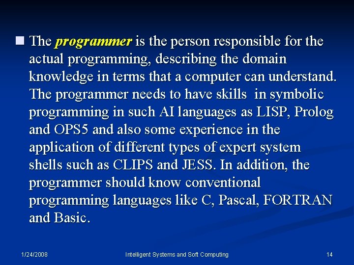 n The programmer is the person responsible for the actual programming, describing the domain