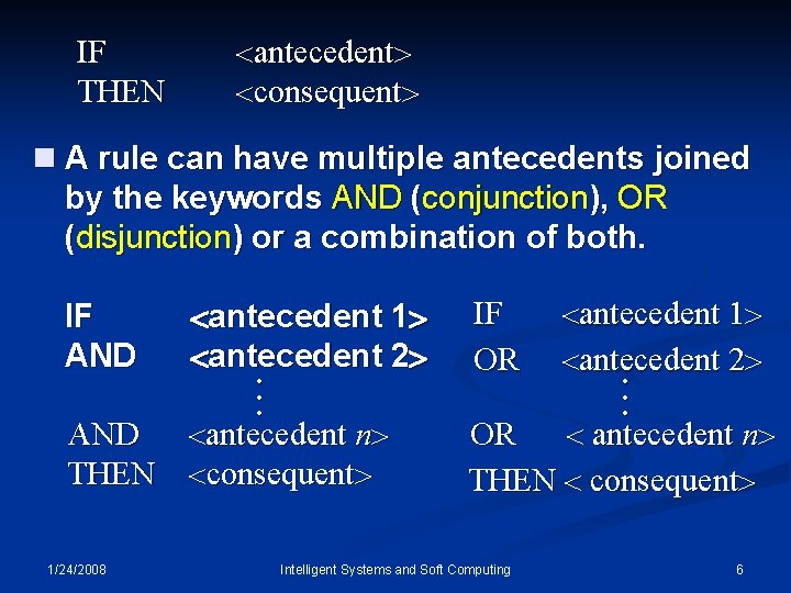 IF THEN <antecedent> <consequent> n A rule can have multiple antecedents joined by the