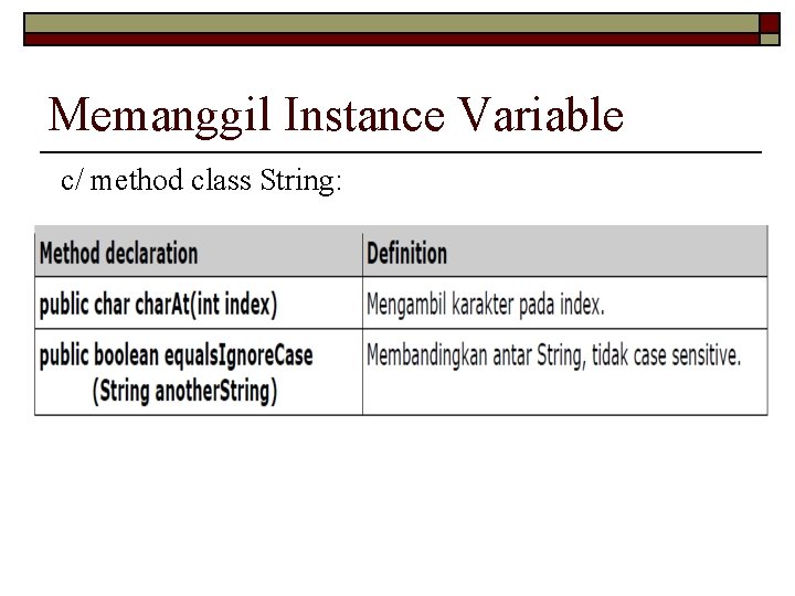 Memanggil Instance Variable c/ method class String: 