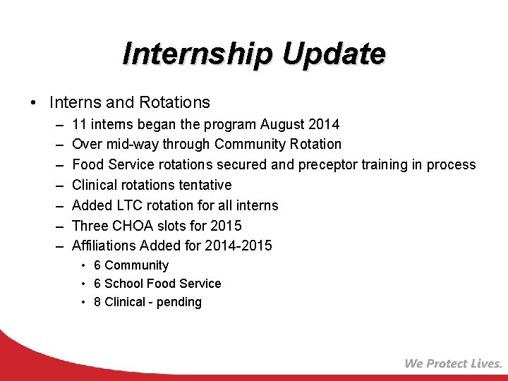 Internship Update • Interns and Rotations – – – – 11 interns began the