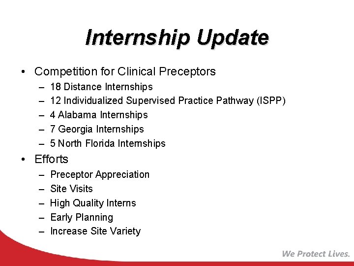 Internship Update • Competition for Clinical Preceptors – – – 18 Distance Internships 12