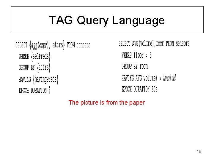 TAG Query Language The picture is from the paper 18 