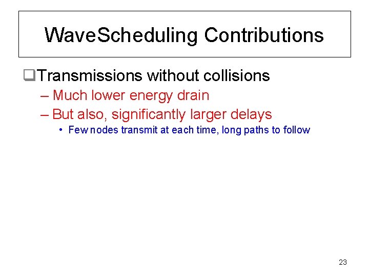 Wave. Scheduling Contributions q. Transmissions without collisions – Much lower energy drain – But