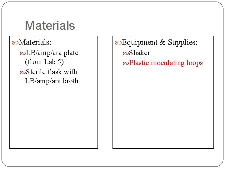 Materials: Equipment & Supplies: LB/amp/ara plate Shaker (from Lab 5) Sterile flask with LB/amp/ara