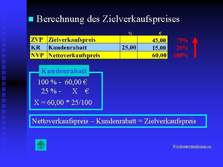 n Berechnung des Zielverkaufspreises % € 45, 00 15, 00 75% 25% 100% Kundenrabatt