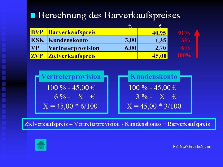 n Berechnung des Barverkaufspreises % € 40, 95 1, 35 2, 70 Vertreterprovision 100