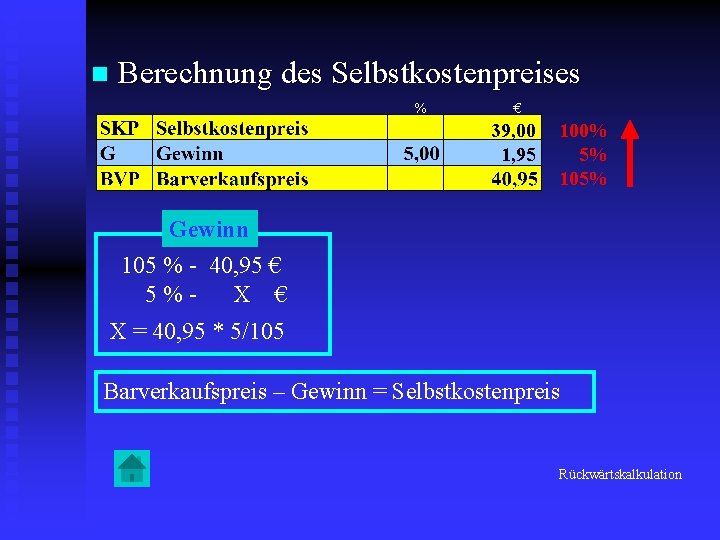 n Berechnung des Selbstkostenpreises % € 39, 00 1, 95 100% 5% 105% Gewinn