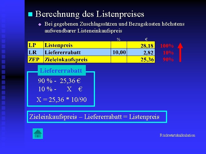 n Berechnung des Listenpreises u Bei gegebenen Zuschlagssätzen und Bezugskosten höchstens aufwendbarer Listeneinkaufspreis %