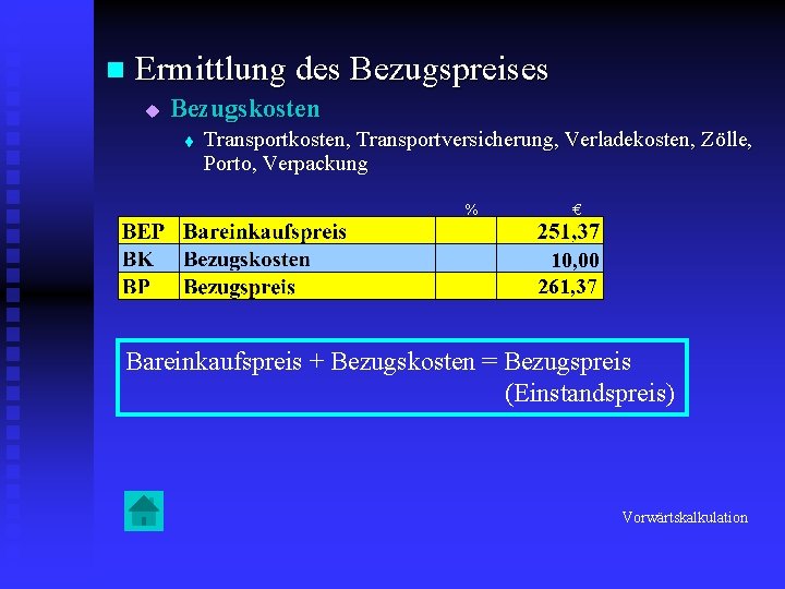 n Ermittlung des Bezugspreises u Bezugskosten t Transportkosten, Transportversicherung, Verladekosten, Zölle, Porto, Verpackung %