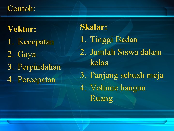 Contoh: Vektor: 1. Kecepatan 2. Gaya 3. Perpindahan 4. Percepatan Skalar: 1. Tinggi Badan