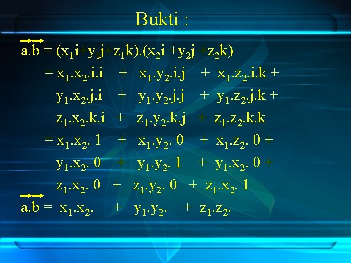 Bukti : a. b = (x 1 i+y 1 j+z 1 k). (x 2