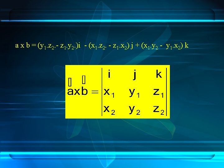 a x b = (y 1. z 2. - z 1. y 2. )i