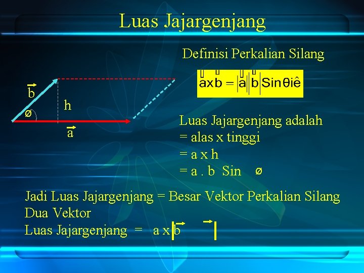 Luas Jajargenjang Definisi Perkalian Silang b Ø h a Luas Jajargenjang adalah = alas