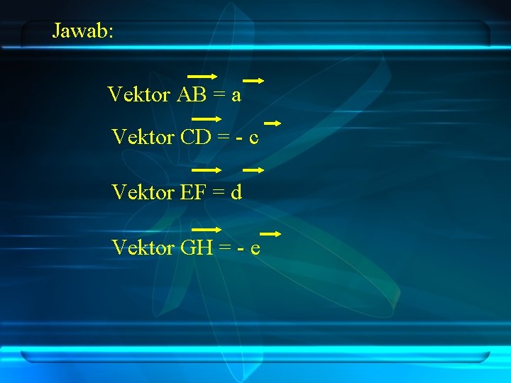 Jawab: Vektor AB = a Vektor CD = - c Vektor EF = d