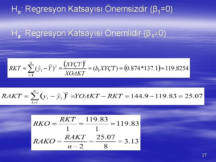 Ho: Regresyon Katsayısı Önemsizdir (β 1=0) Ha: Regresyon Katsayısı Önemlidir (β 1 0) 27