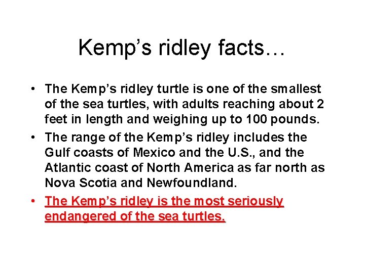 Kemp’s ridley facts… • The Kemp’s ridley turtle is one of the smallest of