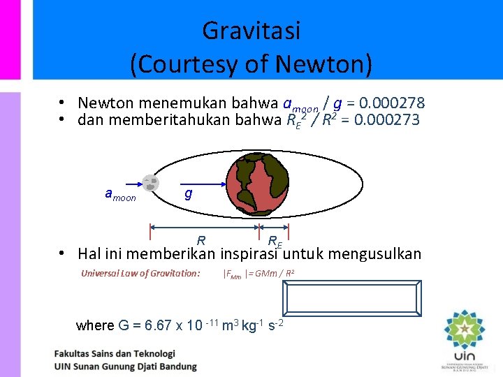 Gravitasi (Courtesy of Newton) • Newton menemukan bahwa amoon / g = 0. 000278