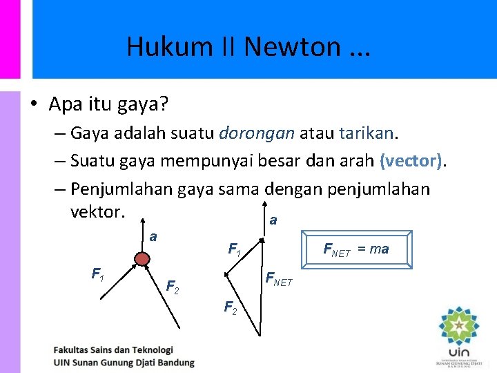 Hukum II Newton. . . • Apa itu gaya? – Gaya adalah suatu dorongan