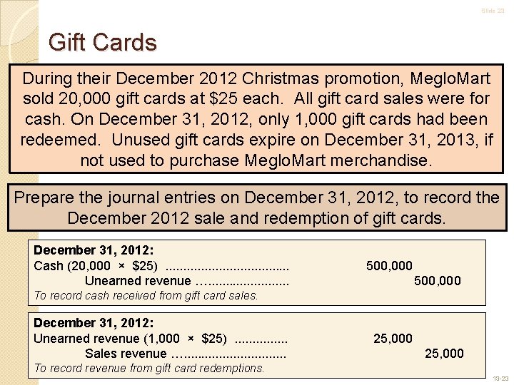 Slide 23 Gift Cards During their December 2012 Christmas promotion, Meglo. Mart sold 20,