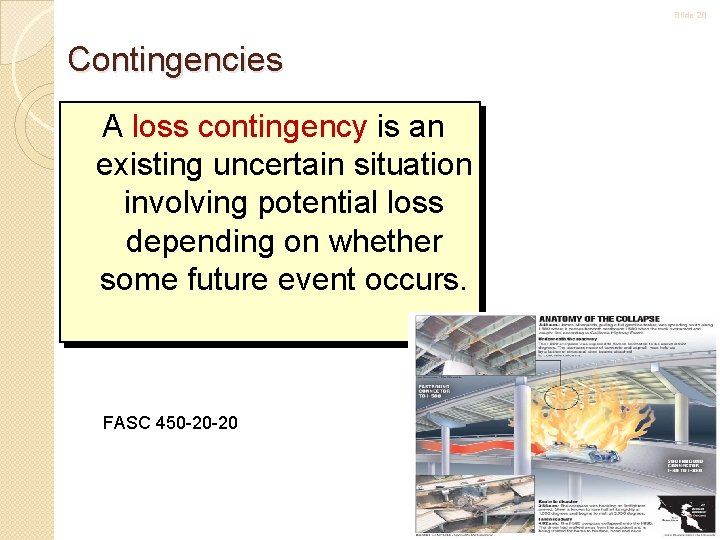 Slide 28 Contingencies A loss contingency is an existing uncertain situation involving potential loss