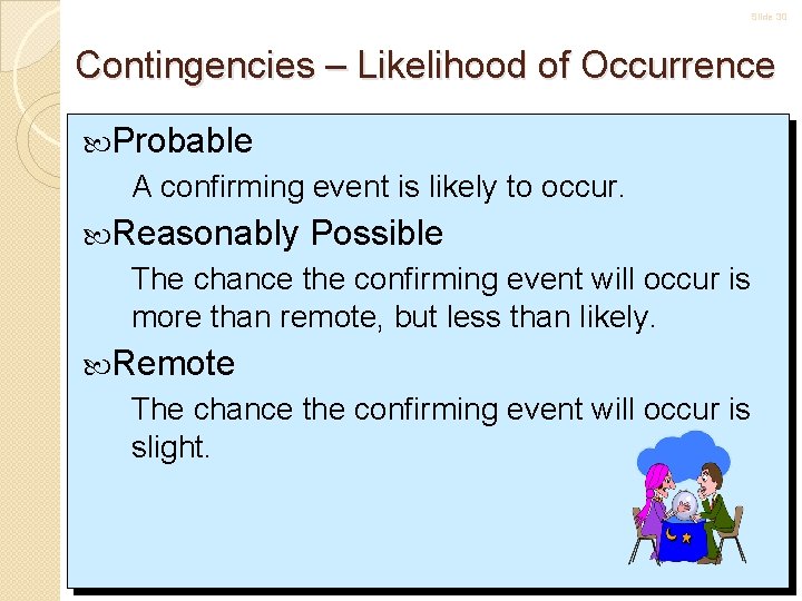 Slide 30 Contingencies – Likelihood of Occurrence Probable A confirming event is likely to