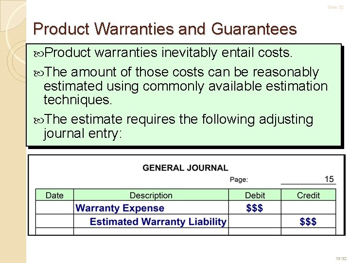 Slide 32 Product Warranties and Guarantees Product warranties inevitably entail costs. The amount of