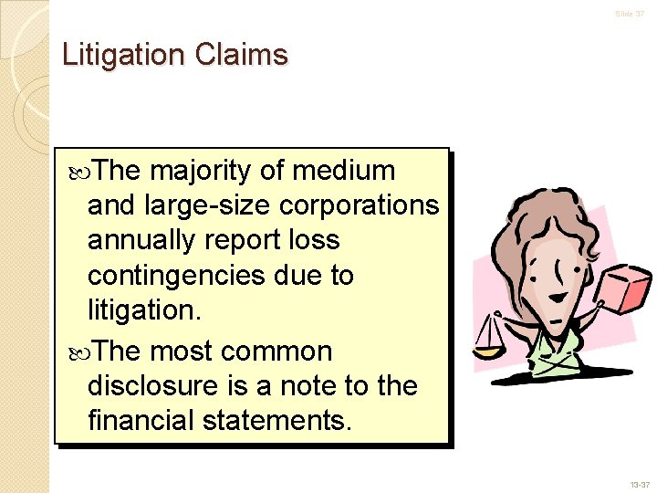 Slide 37 Litigation Claims The majority of medium and large-size corporations annually report loss