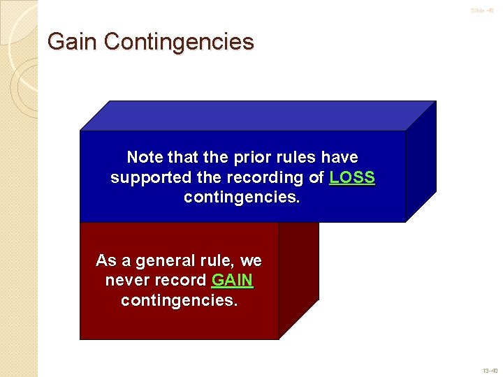 Slide 40 Gain Contingencies Note that the prior rules have supported the recording of