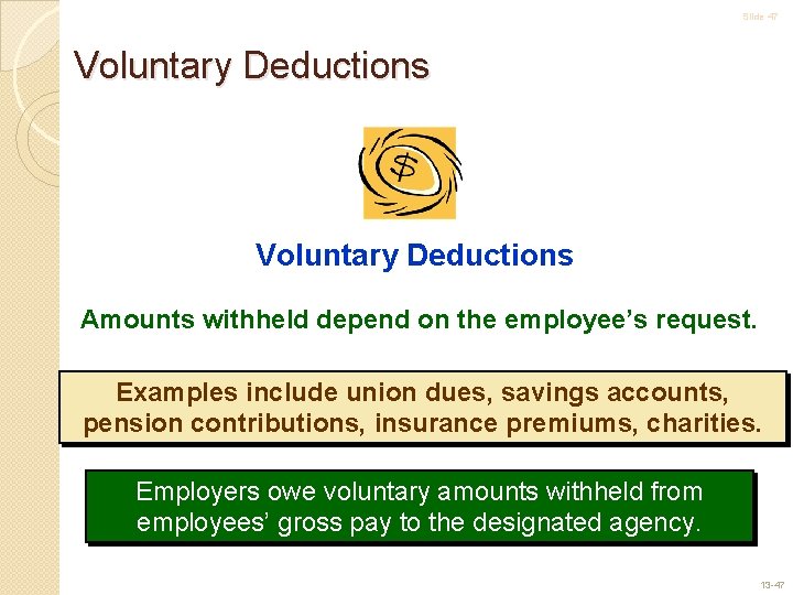 Slide 47 Voluntary Deductions Amounts withheld depend on the employee’s request. Examples include union