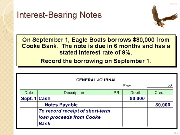 Slide 9 Interest-Bearing Notes On September 1, Eagle Boats borrows $80, 000 from Cooke