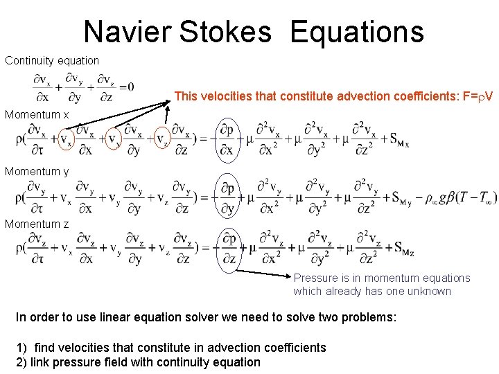 Navier Stokes Equations Continuity equation This velocities that constitute advection coefficients: F=r. V Momentum