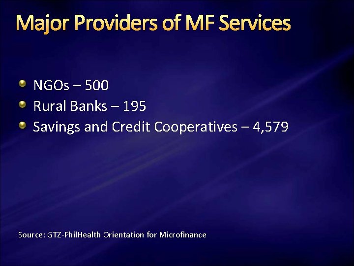 Major Providers of MF Services NGOs – 500 Rural Banks – 195 Savings and