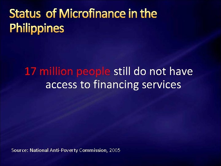 Status of Microfinance in the Philippines 17 million people still do not have access