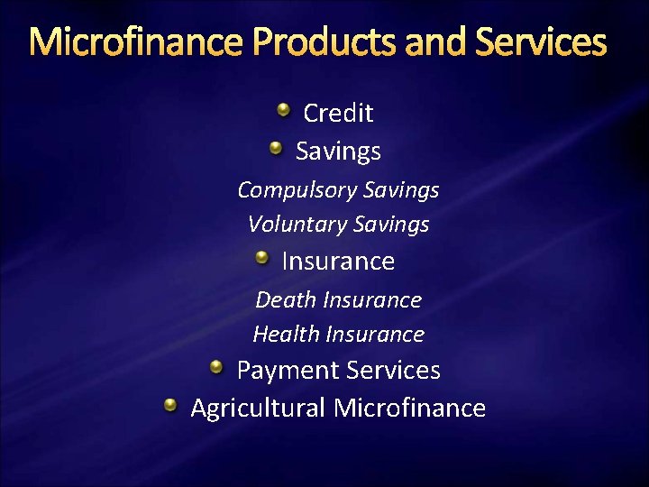 Microfinance Products and Services Credit Savings Compulsory Savings Voluntary Savings Insurance Death Insurance Health
