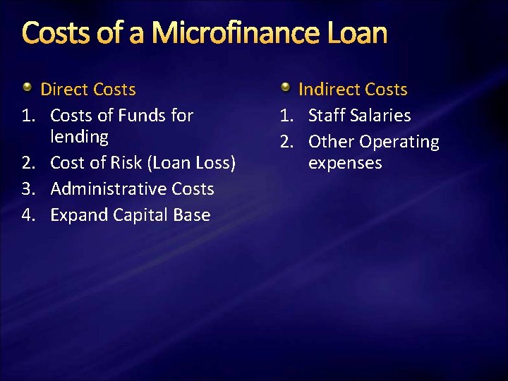 Costs of a Microfinance Loan Direct Costs 1. Costs of Funds for lending 2.