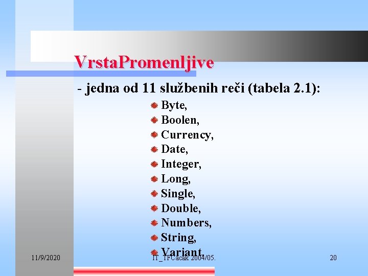 Vrsta. Promenljive - jedna od 11 službenih reči (tabela 2. 1): 11/9/2020 Byte, Boolen,