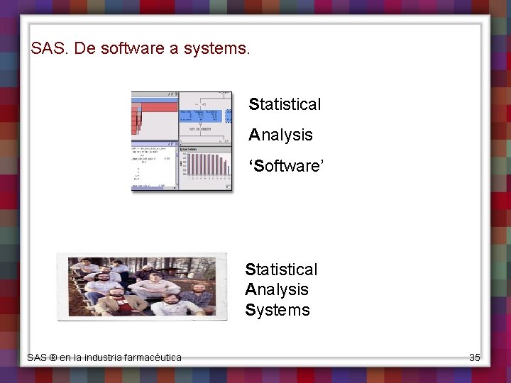 SAS. De software a systems. Statistical Analysis ‘Software’ Statistical Analysis Systems SAS ® en