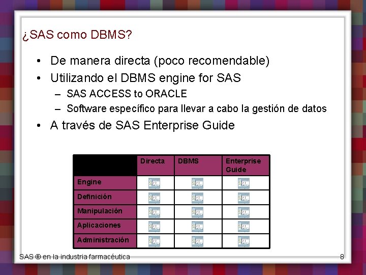 ¿SAS como DBMS? • De manera directa (poco recomendable) • Utilizando el DBMS engine